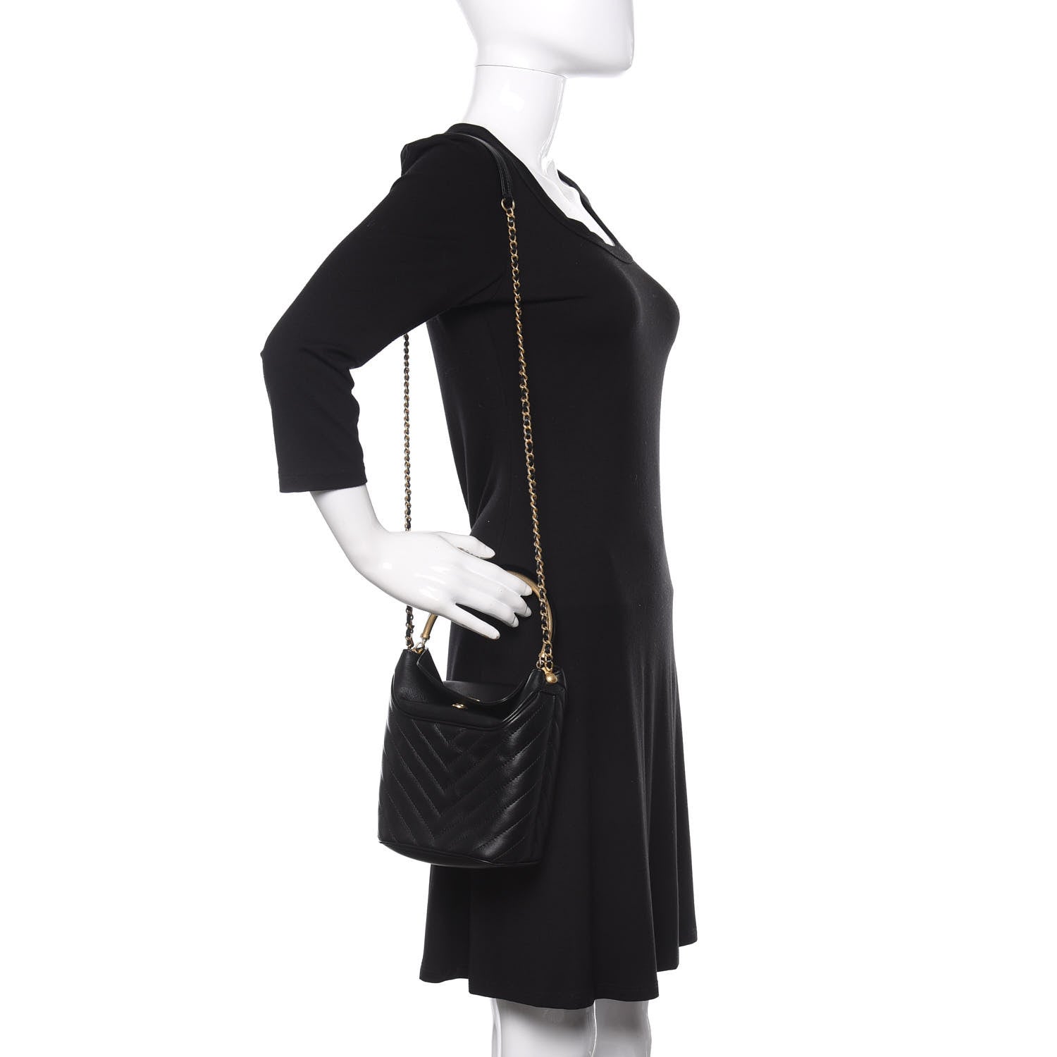 Chanel Lambskin Chevron Quilted Handle With Chic Bucket Bag Black 2 of 13