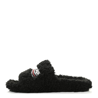 Balenciaga Faux Shearling Political Campaign Logo Slide Sandals 37 Black White Red 1 of 6