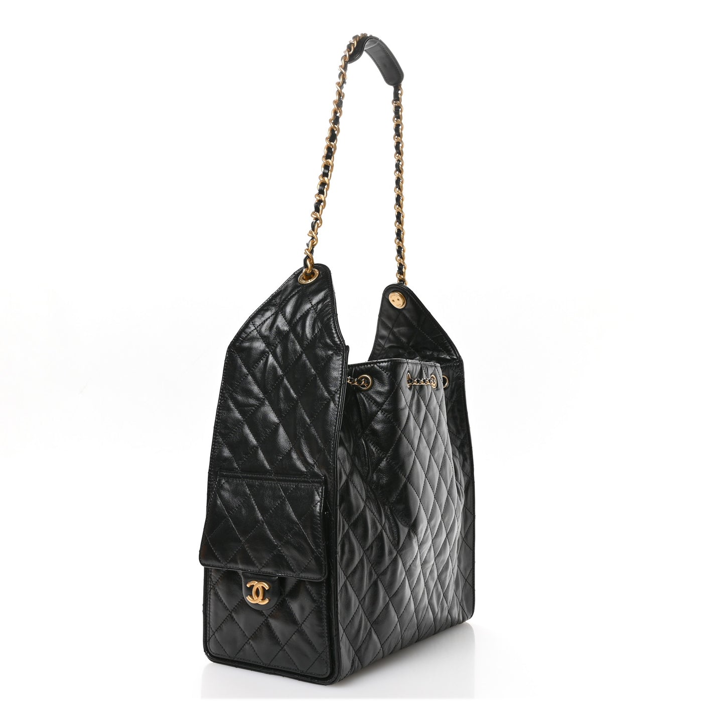 Shiny Crumpled Calfskin Quilted Medium Chanel 25 Handbag  Black