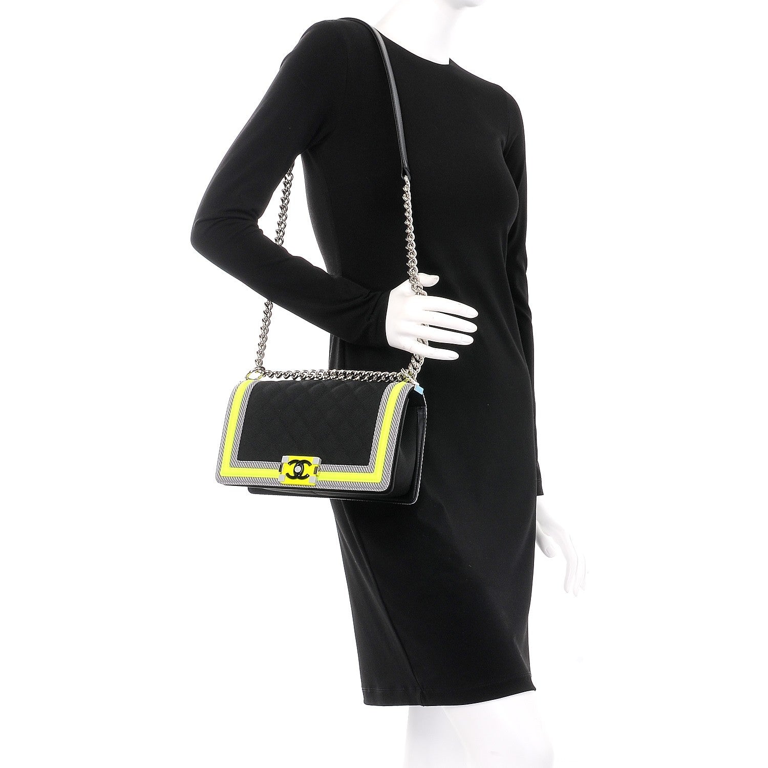 Chanel Canvas Quilted Medium Fluo Boy Flap Black Grey Yellow 2 of 7