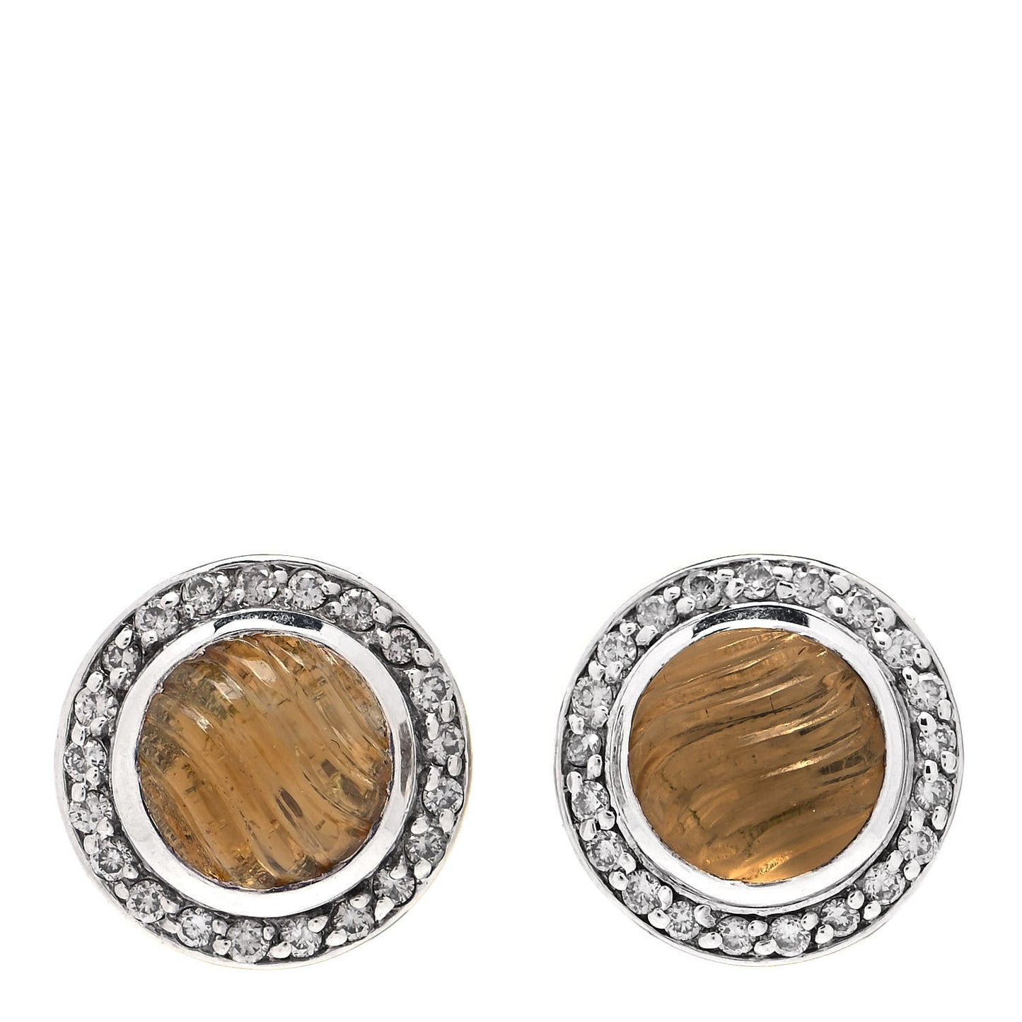 Sterling Silver Pave Diamond Citrine 8mm Carved Sculpted Earrings