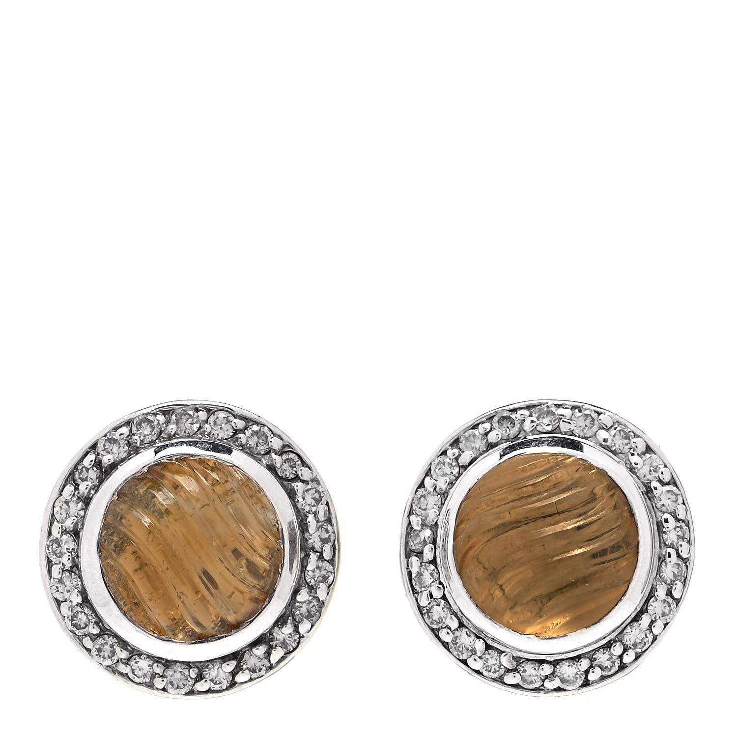 David Yurman Sterling Silver Pave Diamond Citrine 8mm Carved Sculpted Earrings 1 of 5