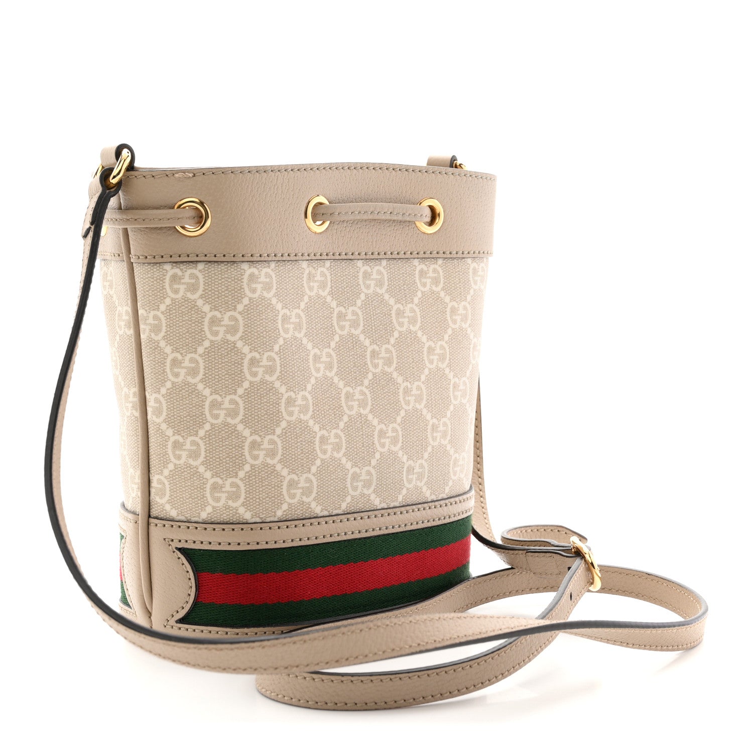 Gucci GG Supreme Monogram Textured Calfskin Web Mini Ophidia Bucket Bag Beige Ebony Mystic White Oatmeal 3 of 14