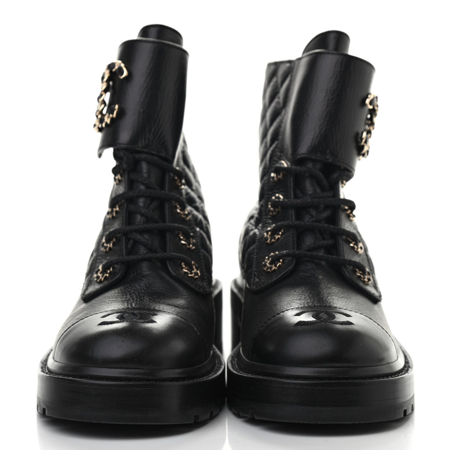 Shiny Goatskin Calfskin Quilted Lace Up Combat Boots 39 Black