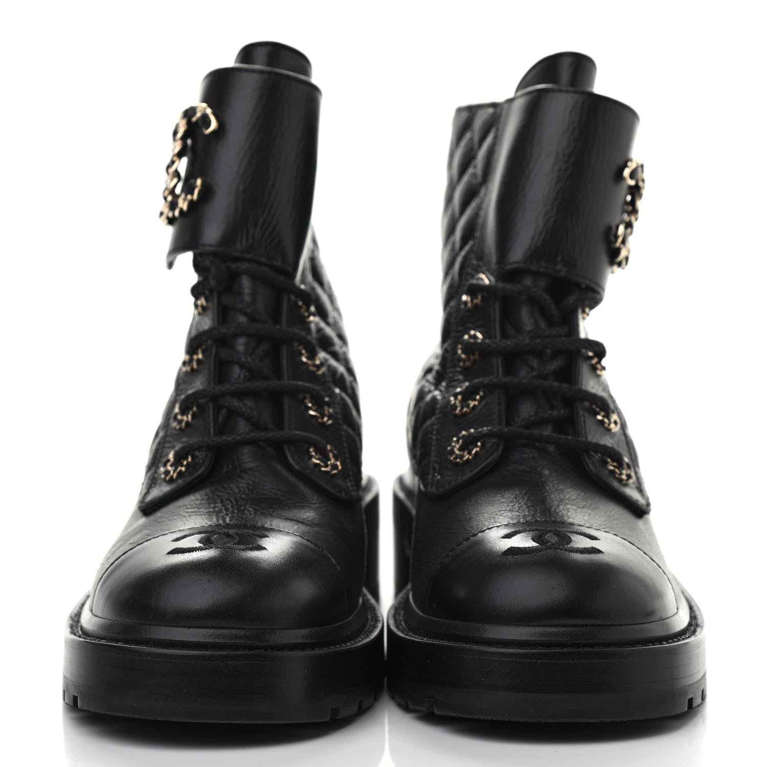 Chanel Shiny Goatskin Calfskin Quilted Lace Up Combat Boots 39 Black 2 of 7