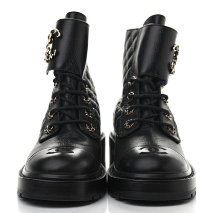 Chanel Shiny Goatskin Calfskin Quilted Lace Up Combat Boots 39 Black 2 of 7