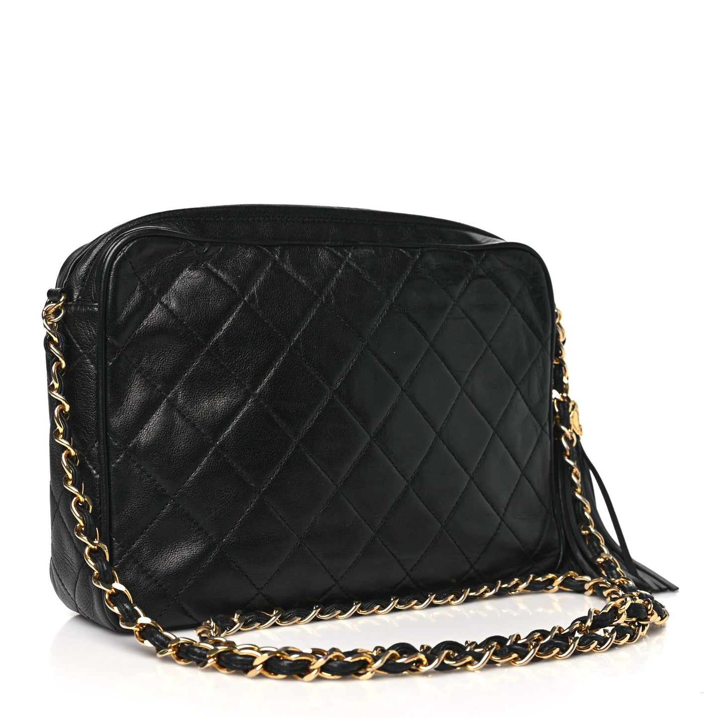 Lambskin Quilted Tassel Camera Case Black