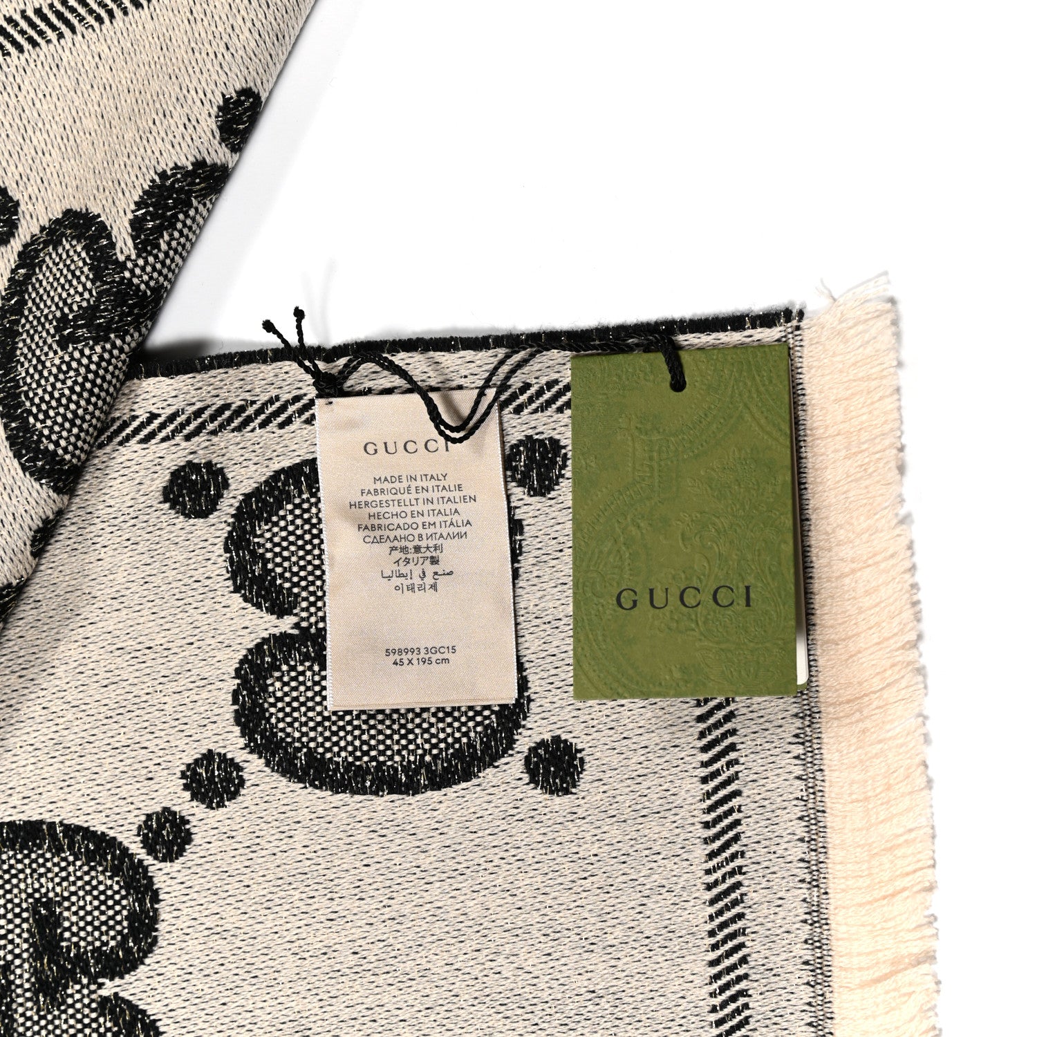 Gucci Wool Lame Jacquard Monogram Jumbo GG Lady Nest Lux Scarf Black Ivory 4 of 4