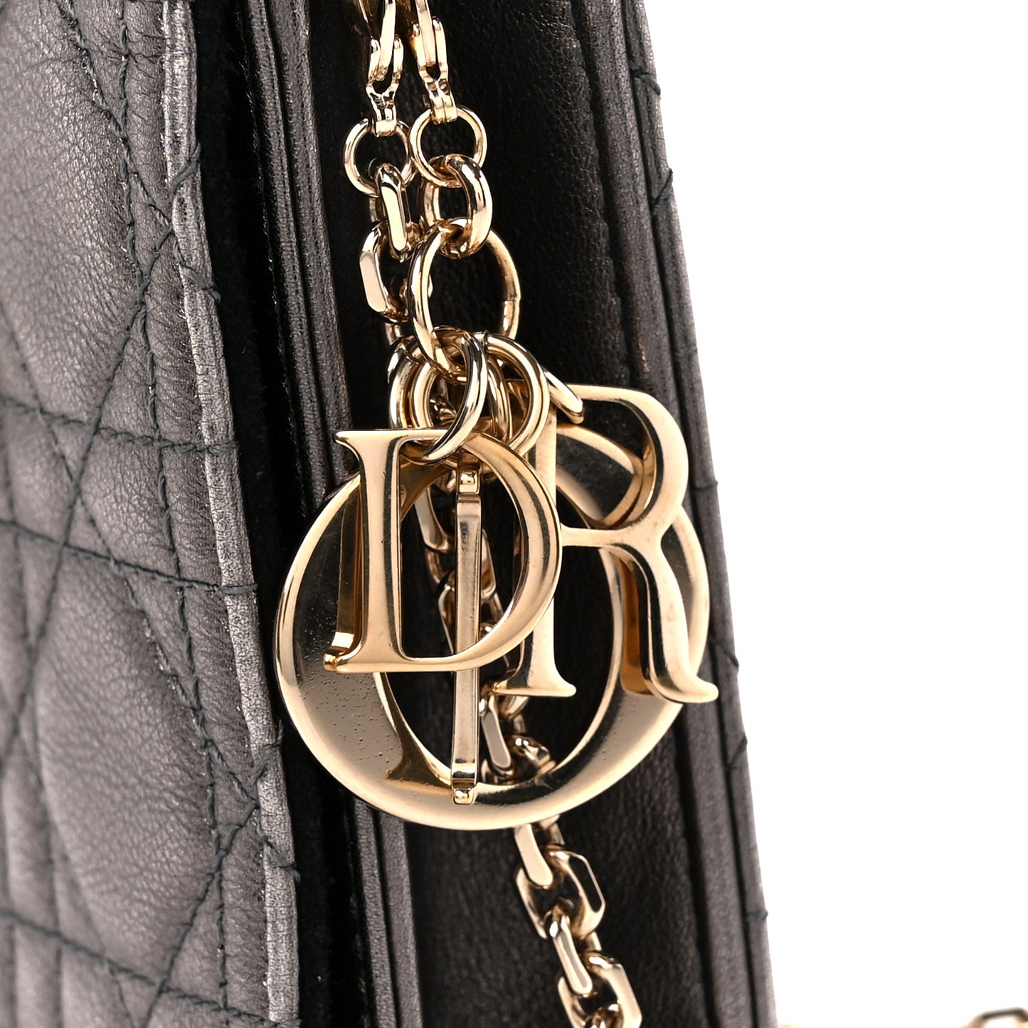 Metallic Calfskin Cannage Lady Dior Convertible Clutch Gunmetal