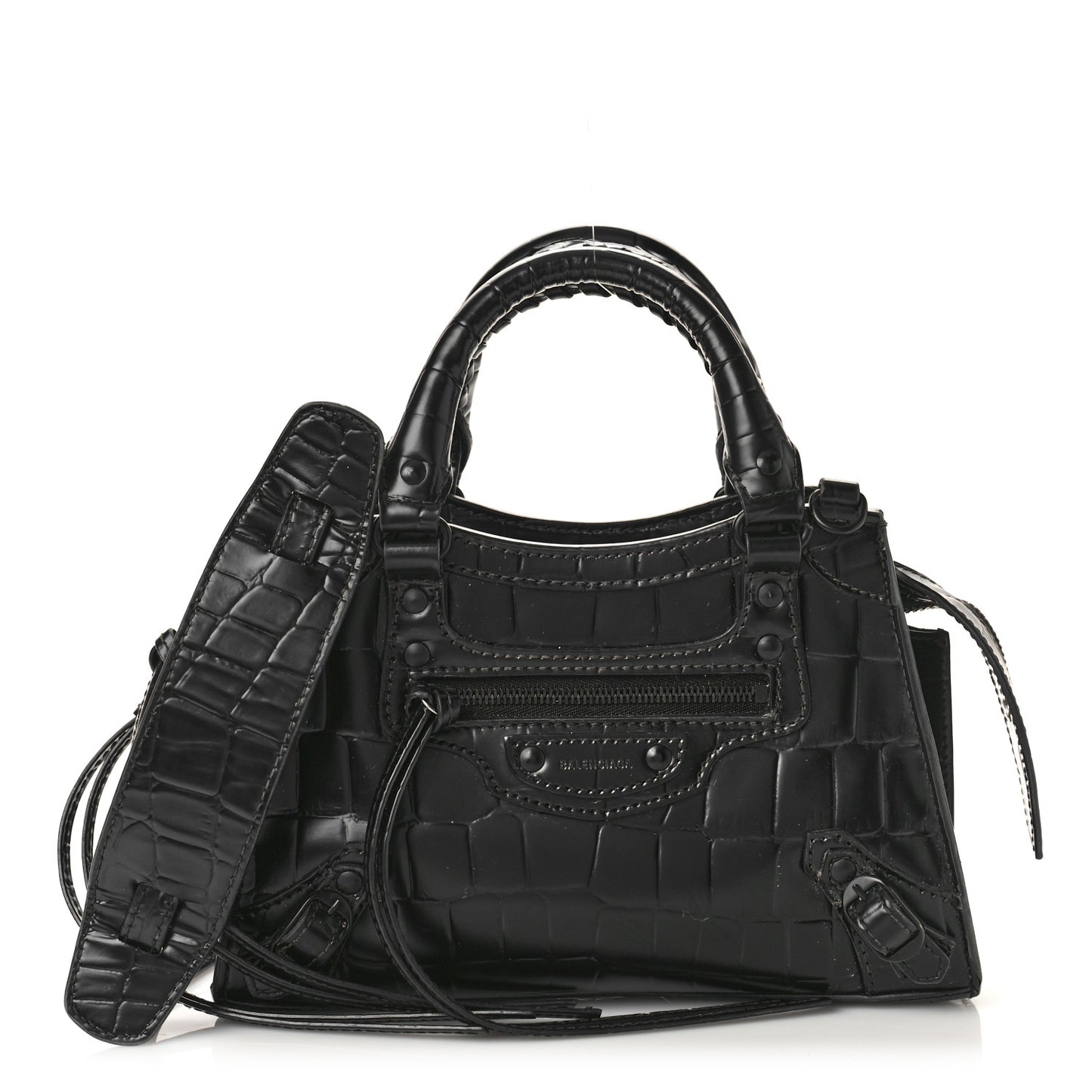 Semi Shiny Calfskin Crocodile Embossed Neo Classic Black Hardware Mini City Black