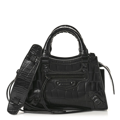 Balenciaga Semi Shiny Calfskin Crocodile Embossed Neo Classic Black Hardware Mini City Black 1 of 10
