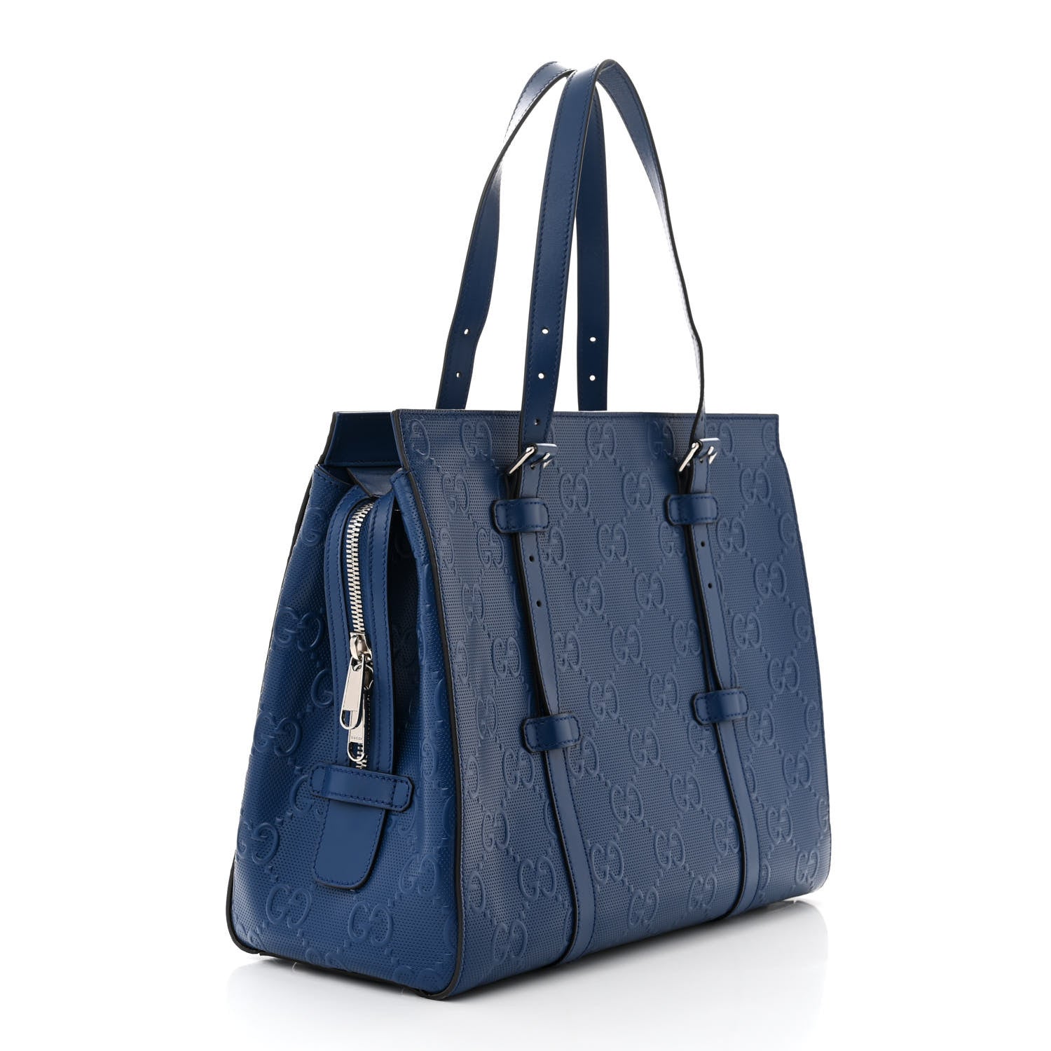 Gucci Calfskin GG Tennis Embossed Tote Bag Intense Metal Blue 3 of 11