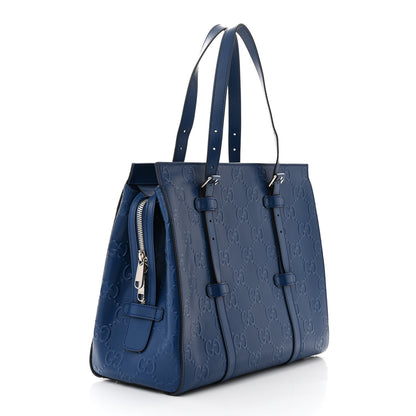 Gucci Calfskin GG Tennis Embossed Tote Bag Intense Metal Blue 3 of 11