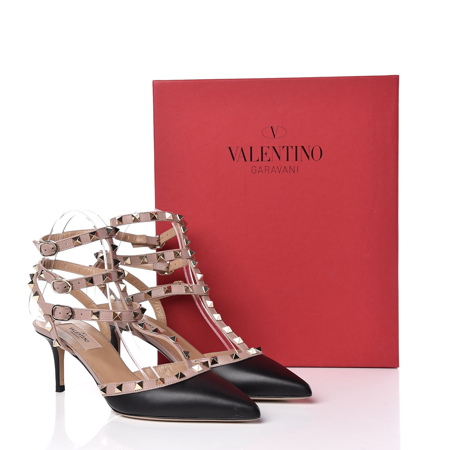 Calfskin Nappa Rockstud Ankle Strap 65mm Pumps 38 Black Poudre