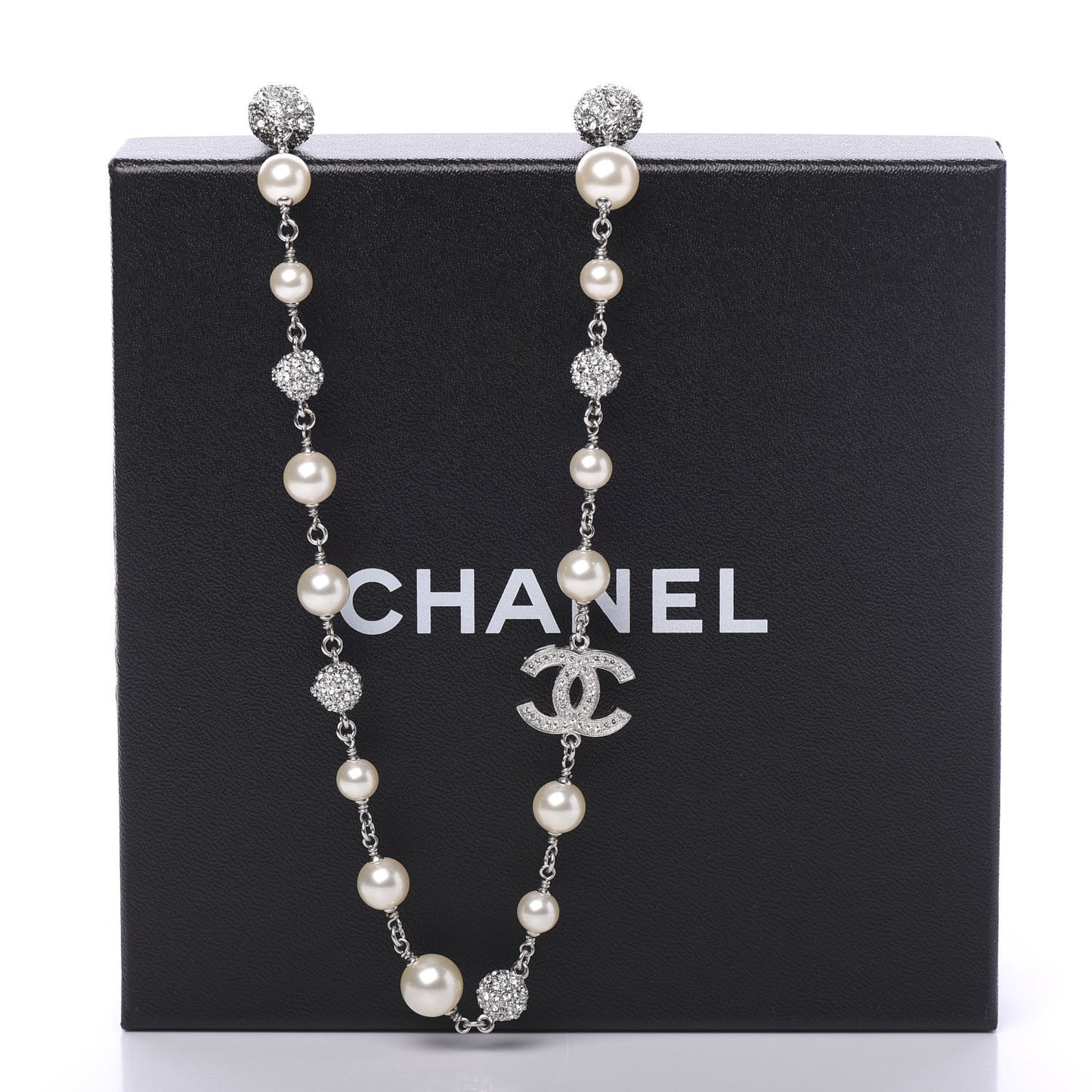 Pearl Crystal CC Camellia Long Necklace Silver