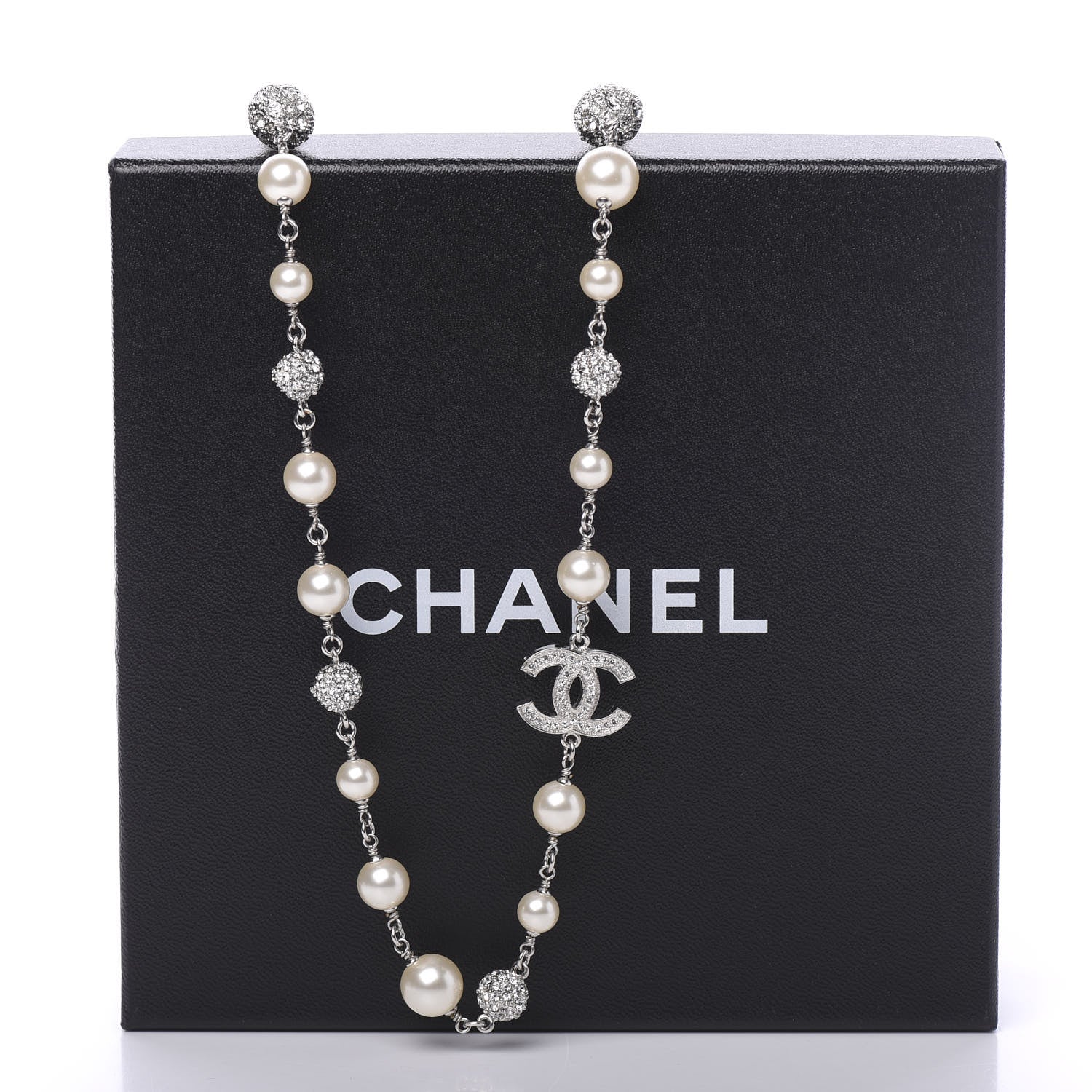 Chanel Pearl Crystal CC Camellia Long Necklace Silver 4 of 4