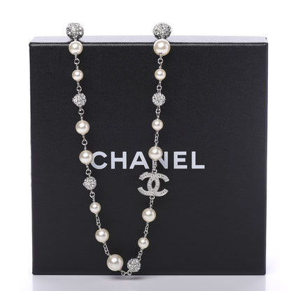 Chanel Pearl Crystal CC Camellia Long Necklace Silver 4 of 4