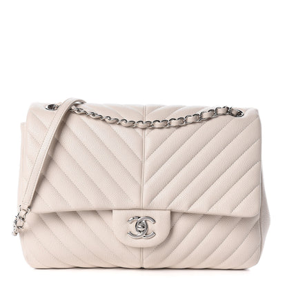 Chanel Caviar Chevron Quilted Large Puffy CC Flap White 1 of 11