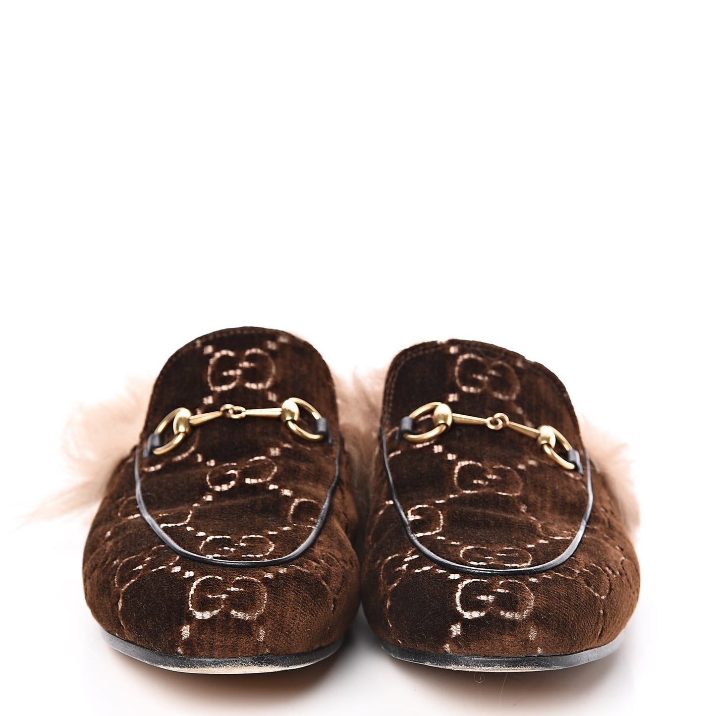 Velvet GG Monogram Fur Womens Princetown Slippers 38.5 Brown Black Natural