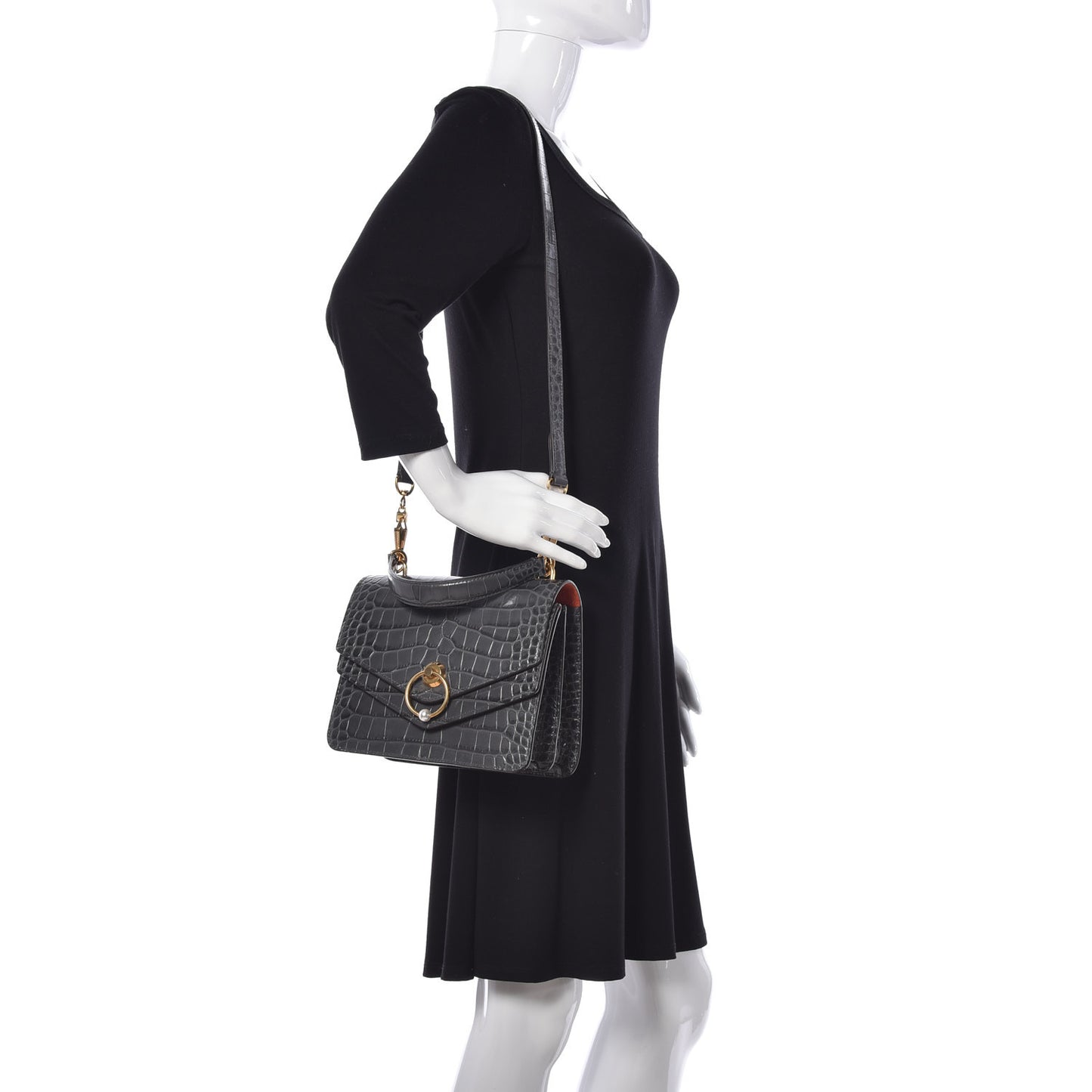 Calfskin Crocodile Embossed Medium Harlow Satchel Dark Grey
