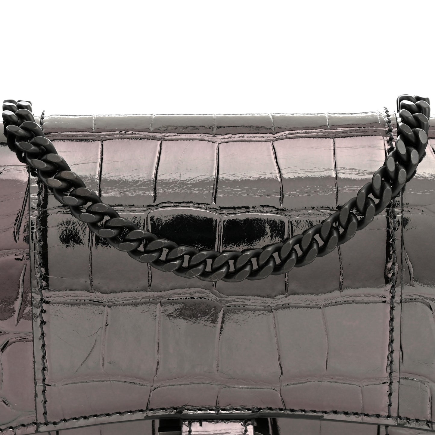 Shiny Metallic Calfskin Crocodile Embossed Hourglass Chain Bag Gunmetal