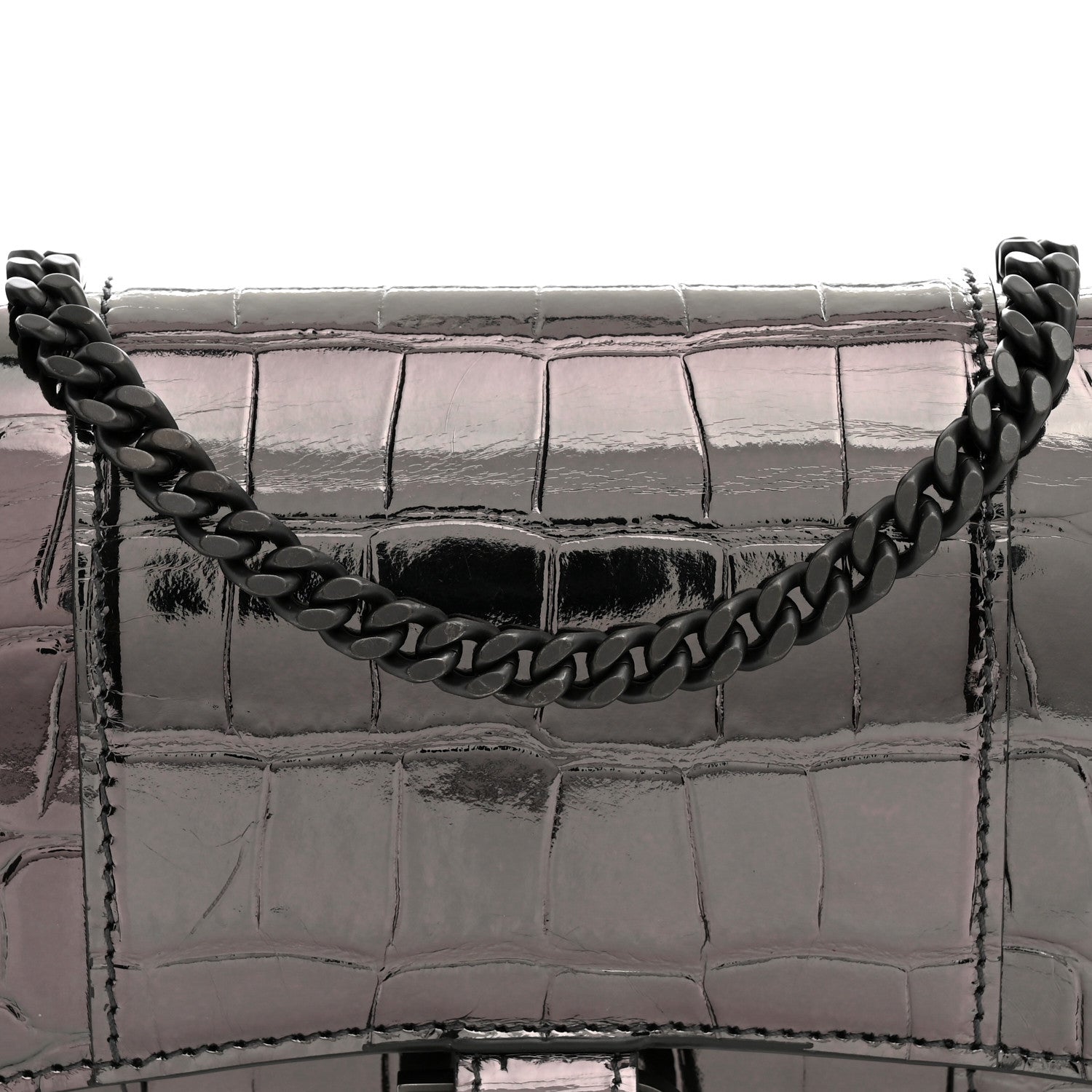 Balenciaga Shiny Metallic Calfskin Crocodile Embossed Hourglass Chain Bag Gunmetal 7 of 10