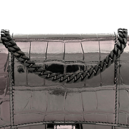 Balenciaga Shiny Metallic Calfskin Crocodile Embossed Hourglass Chain Bag Gunmetal 7 of 10