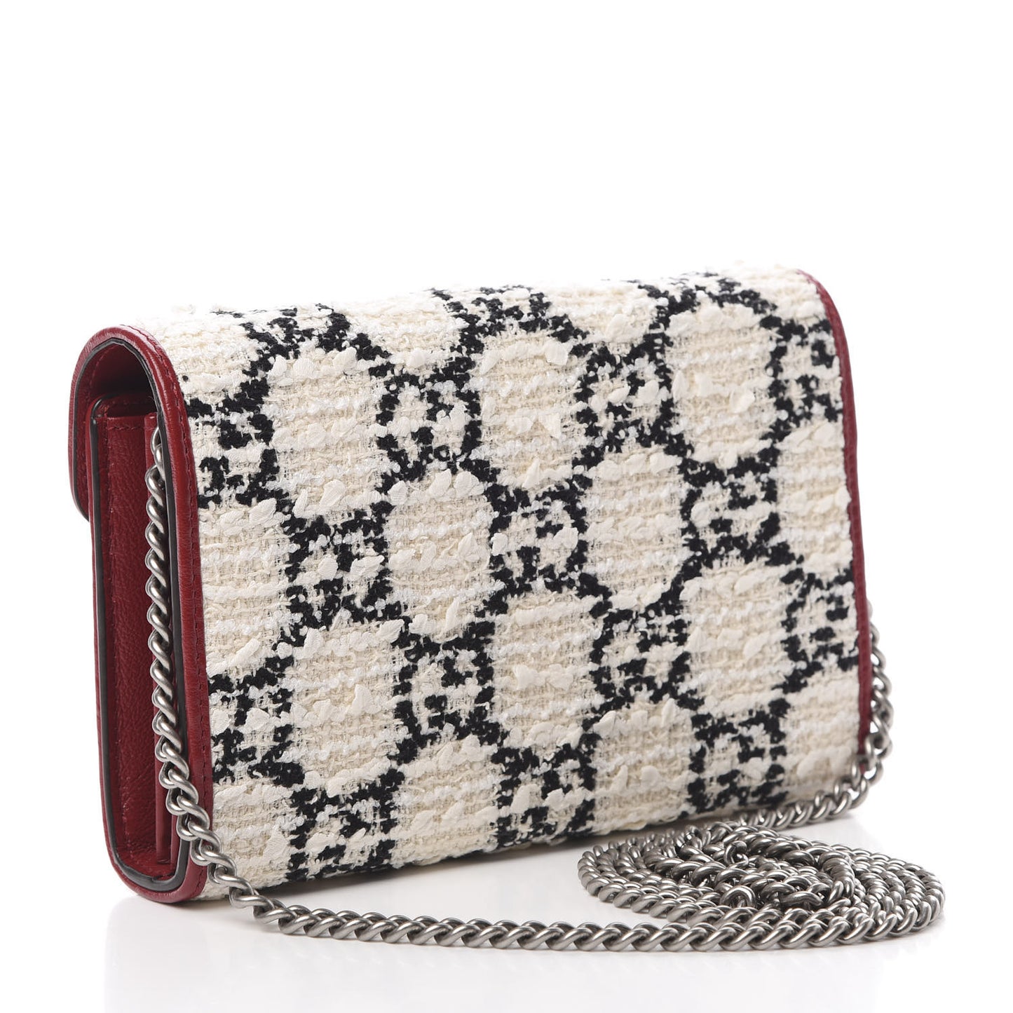 Tweed GG Monogram Mini Dionysus Chain Wallet White Black Romantic Cherry