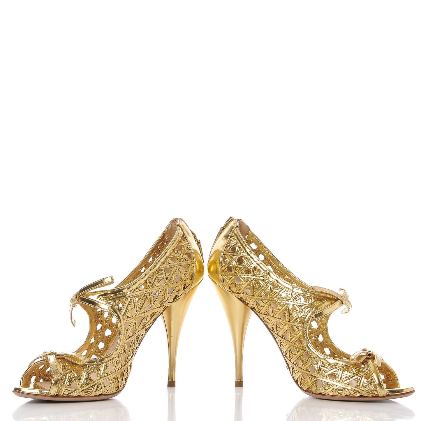 Metallic Calfskin Woven Bow Peep Toe Pumps 39 Gold
