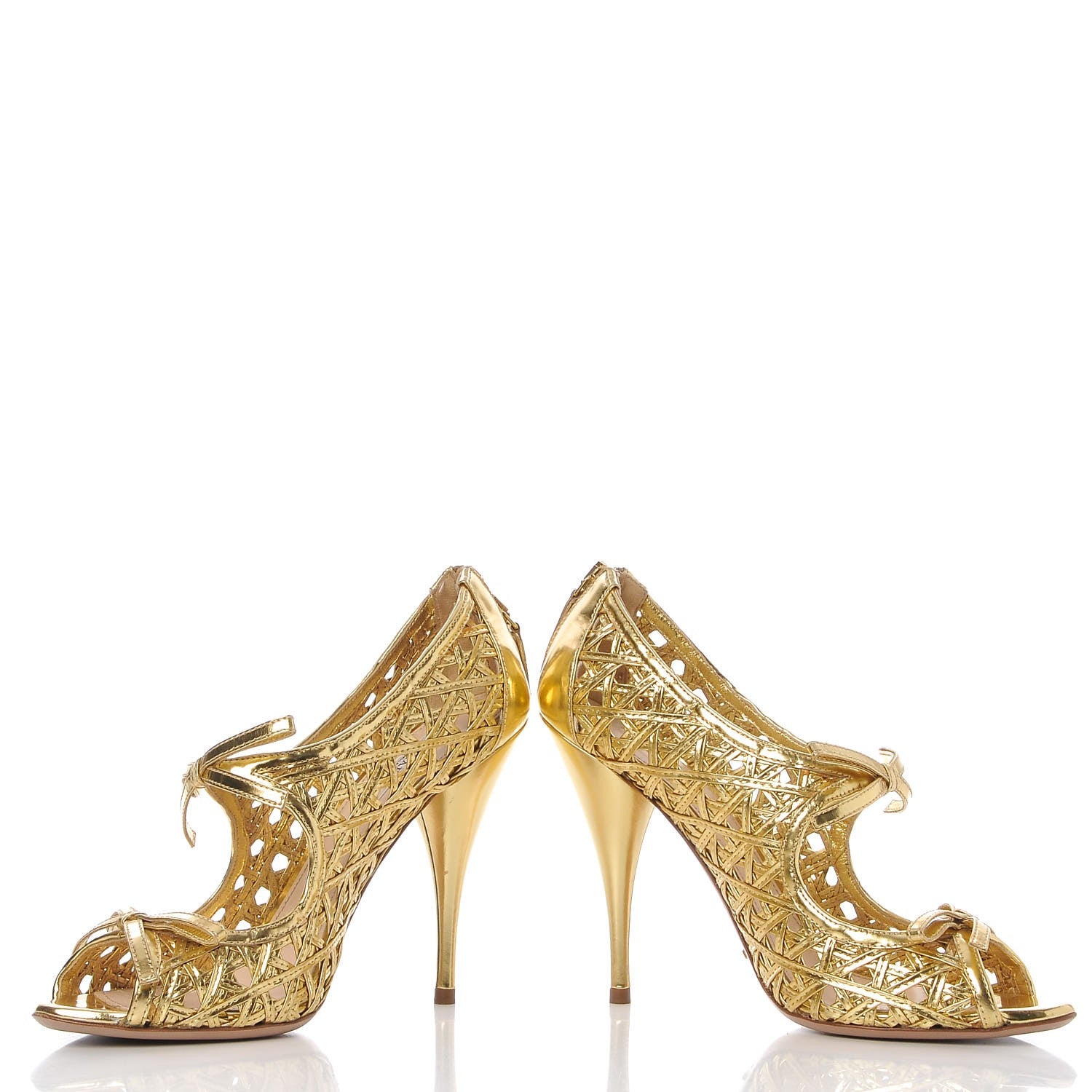 Prada Metallic Calfskin Woven Bow Peep Toe Pumps 39 Gold 5 of 17