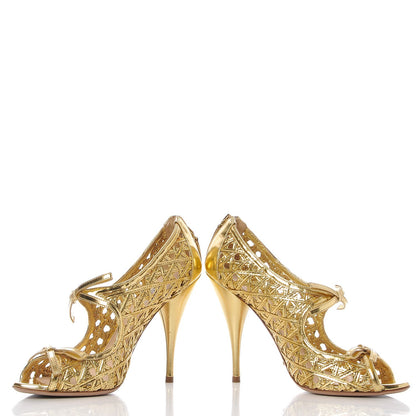 Prada Metallic Calfskin Woven Bow Peep Toe Pumps 39 Gold 5 of 17