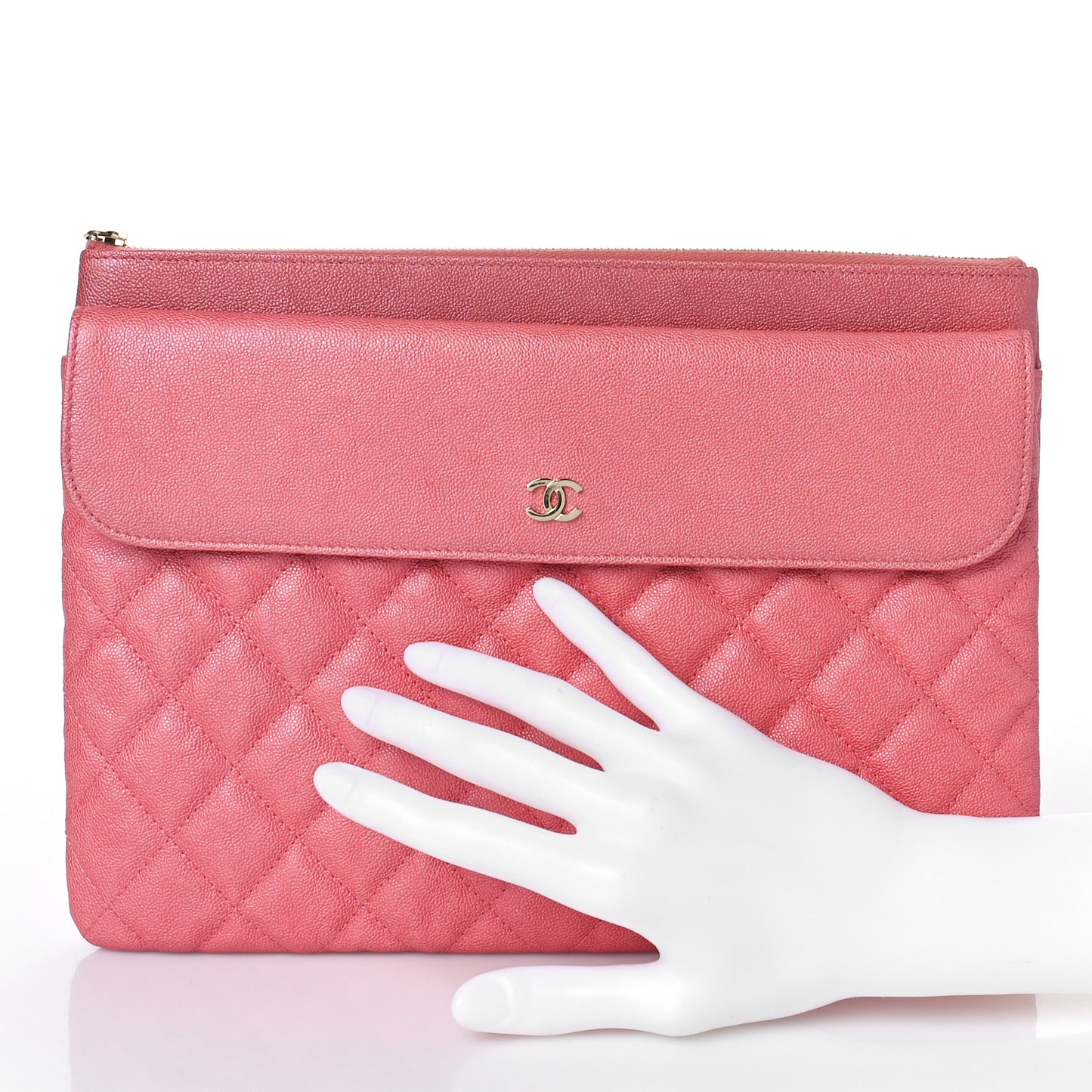 Iridescent Caviar Quilted Medium Flap Cosmetic Case Pink