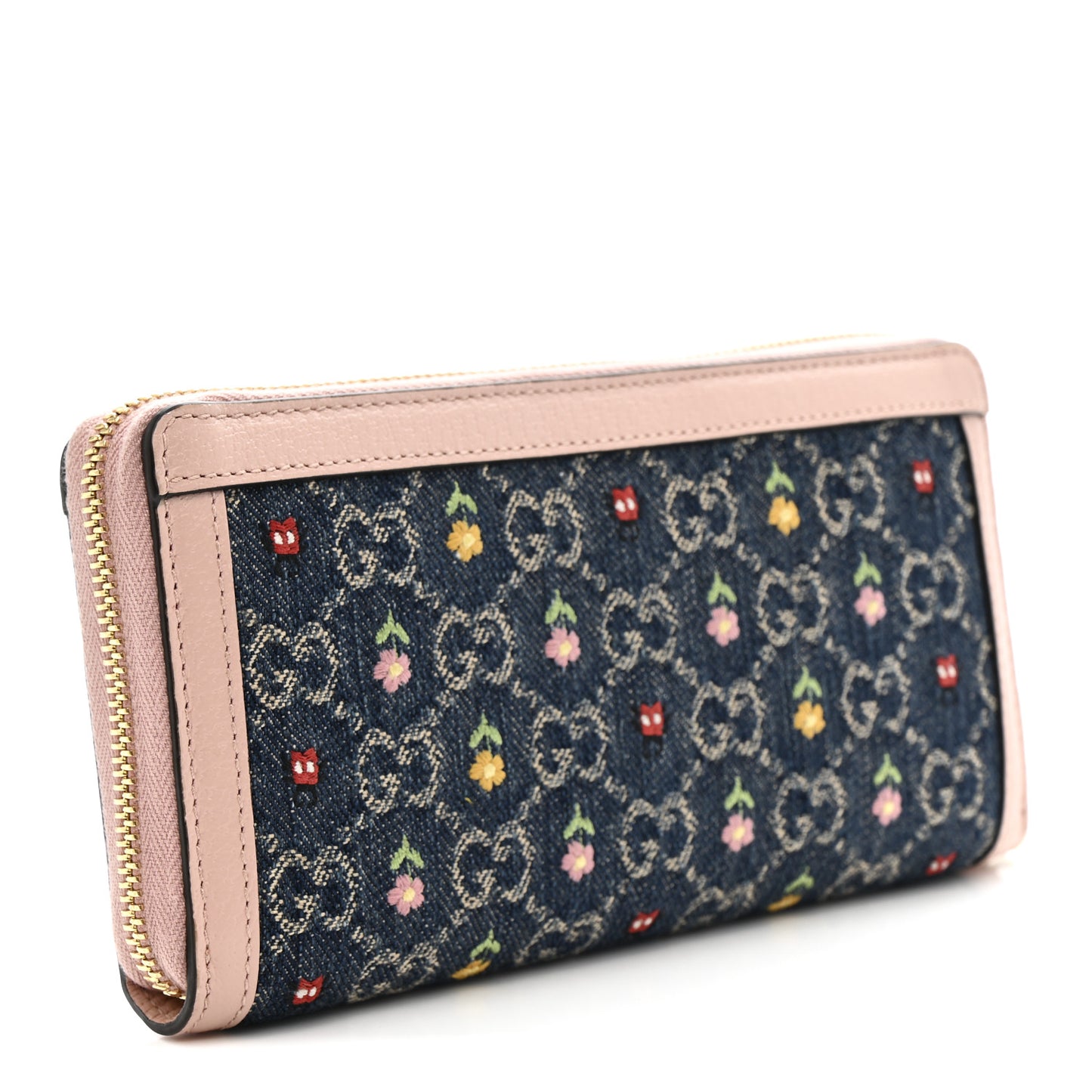 New Denim GG Monogram Calfskin Love Parade Zip Around Wallet Light Pink