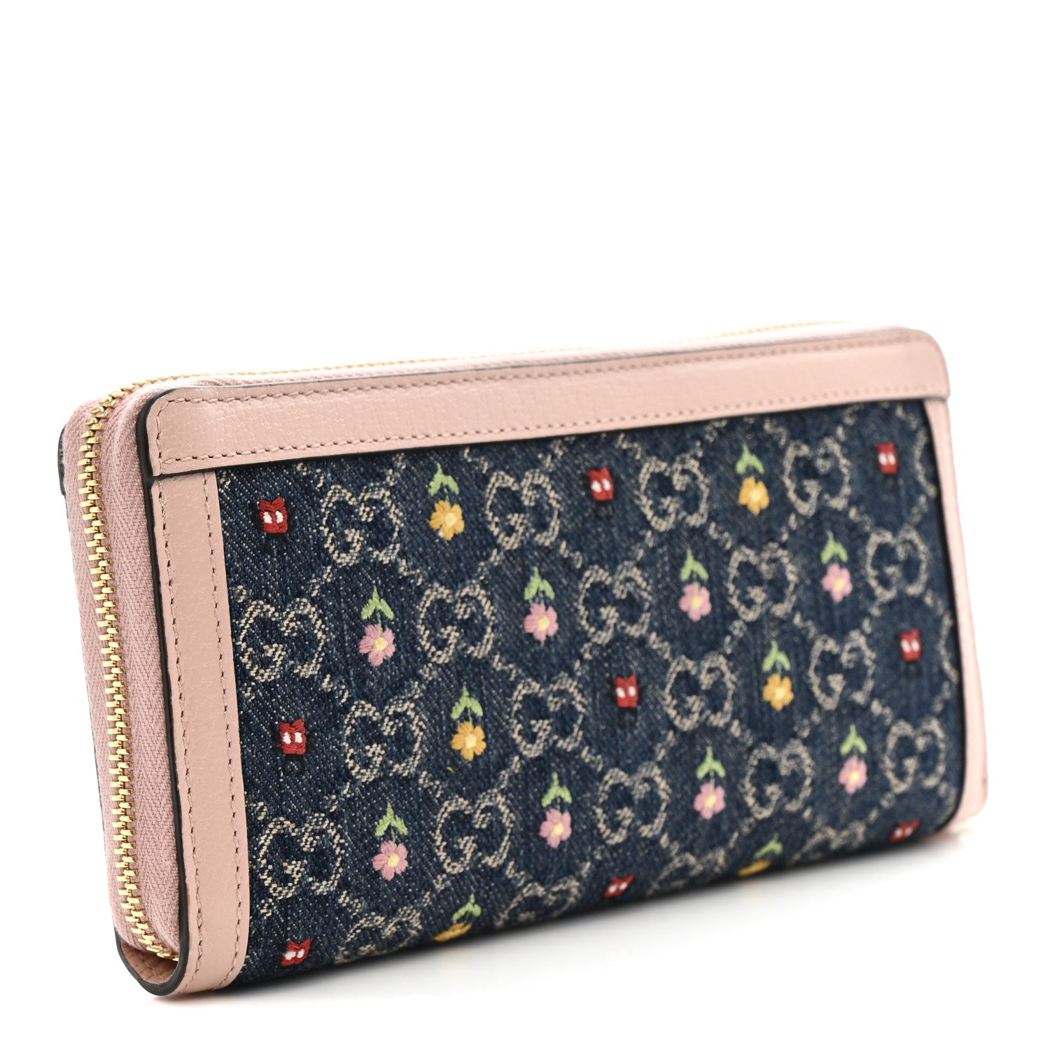 Gucci New Denim GG Monogram Calfskin Love Parade Zip Around Wallet Light Pink 3 of 7