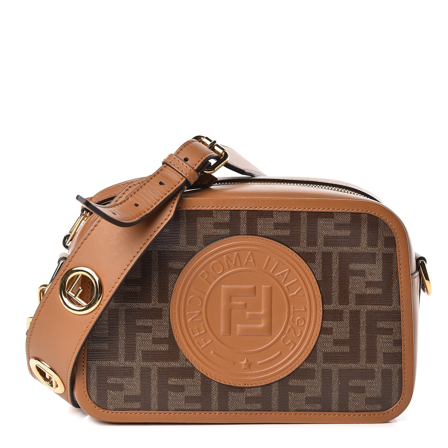 Fendi Glazed Fabric Vitello Century F is Fendi FF 1974 Stamp Patch Camera Case Mogano Panna Caramello 1 of 11