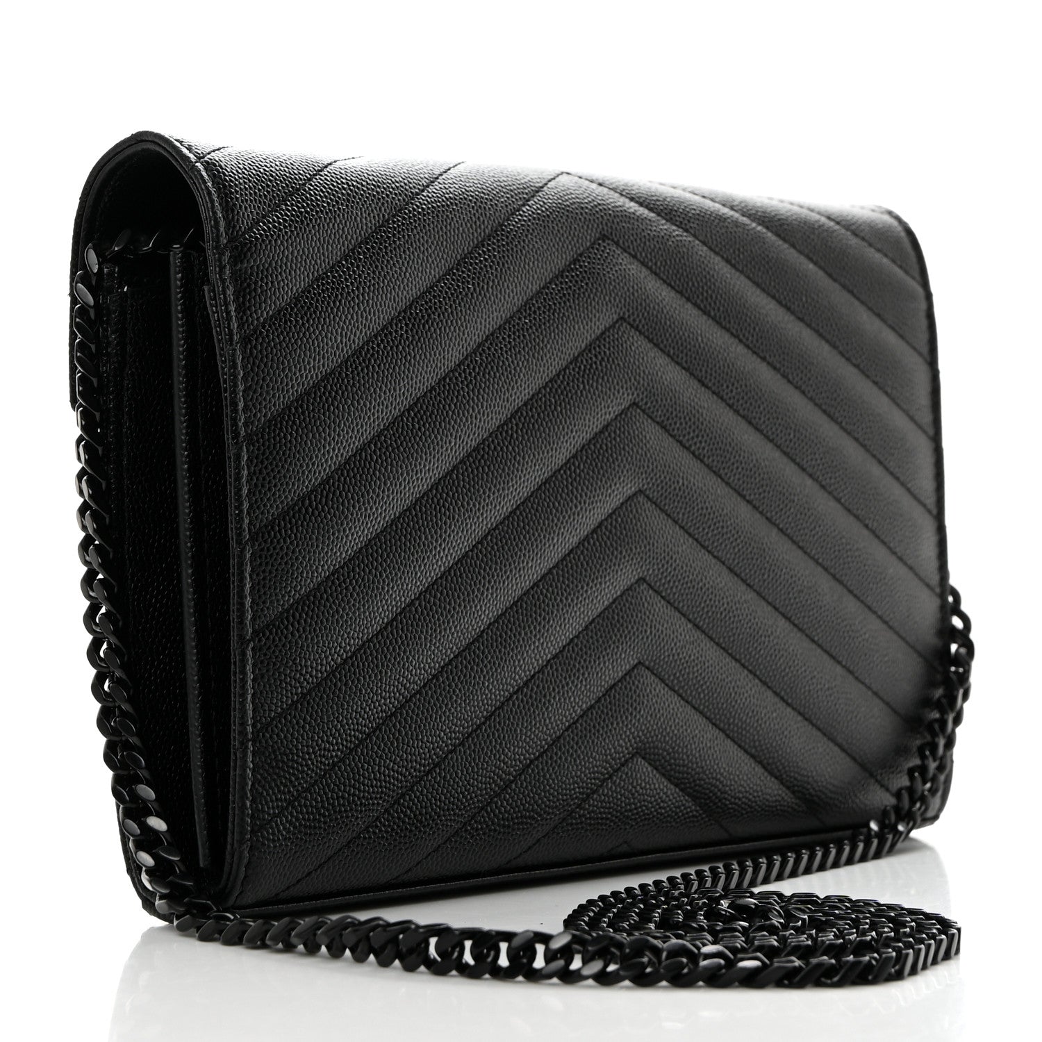 Saint Laurent Grain De Poudre Matelasse Chevron Monogram Monochrome Chain Wallet Black 2 of 10