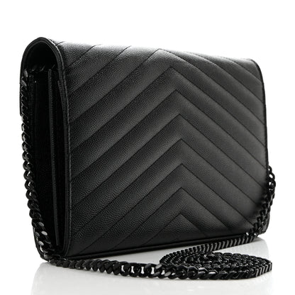 Saint Laurent Grain De Poudre Matelasse Chevron Monogram Monochrome Chain Wallet Black 2 of 10