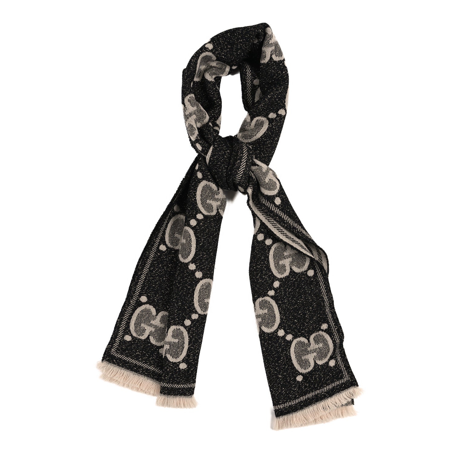 Gucci Wool Lame Jacquard Monogram Jumbo GG Lady Nest Lux Scarf Black Ivory 1 of 6