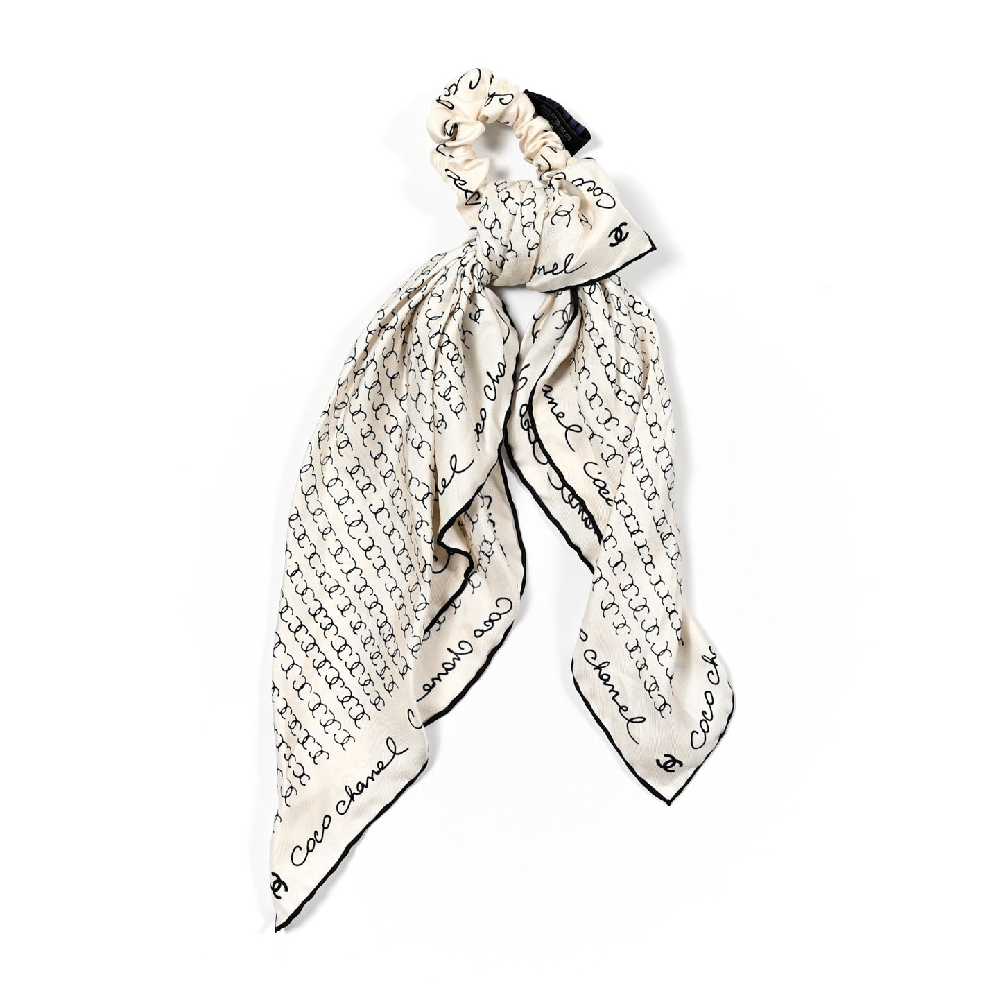 Silk Twill Square Scarf Hair Tie White Black