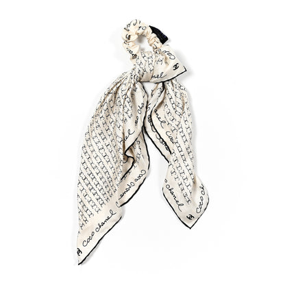 Chanel Silk Twill Square Scarf Hair Tie White Black 1 of 4