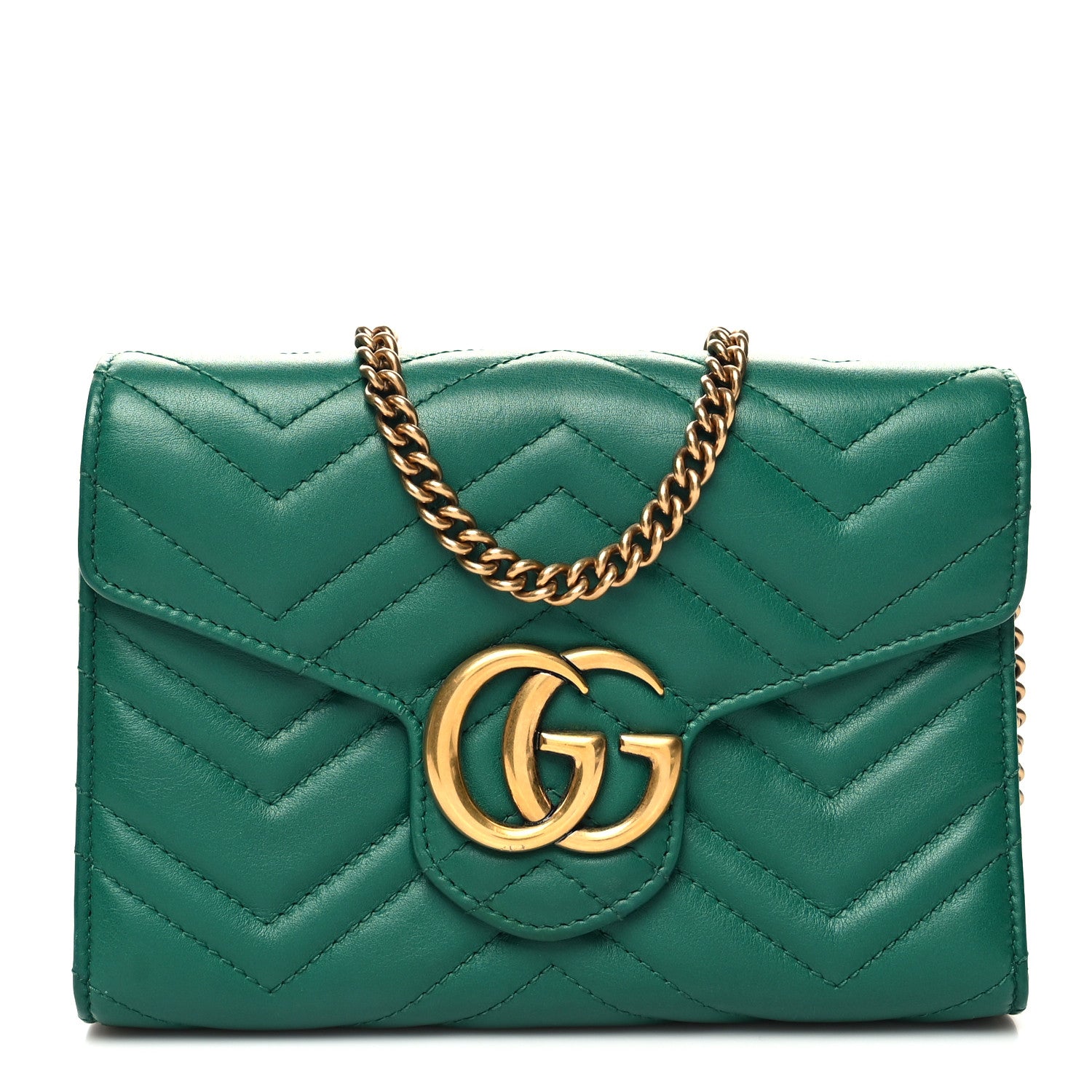 Gucci Calfskin Matelasse GG Marmont Chain Wallet Emerald Green 1 of 10