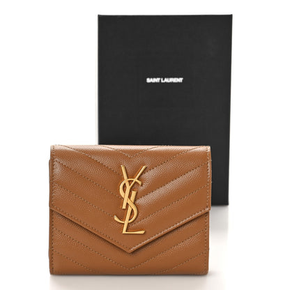 Saint Laurent Grain De Poudre Matelasse Chevron Monogram Compact Tri Fold Wallet Natural Dark 9 of 9