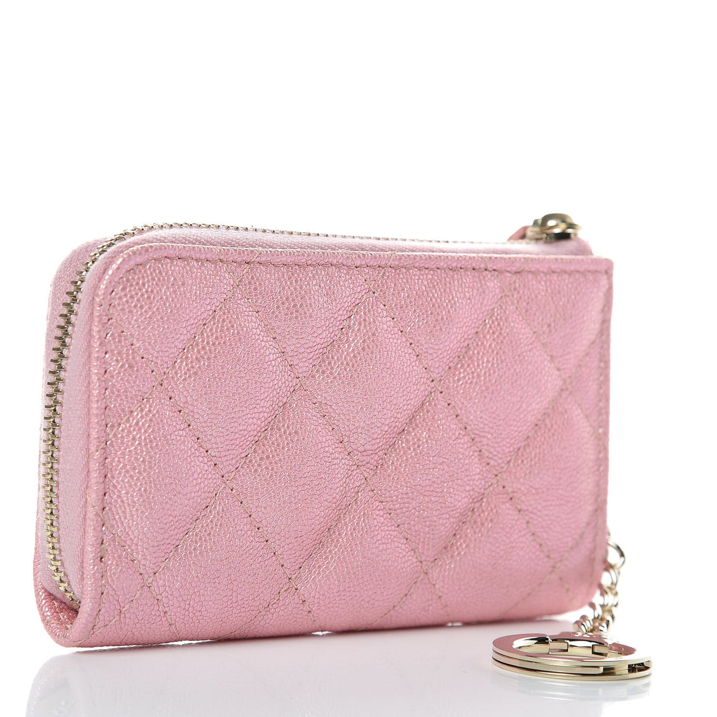 Iridescent Caviar Quilted Zipped Key Holder Case Rose Pink