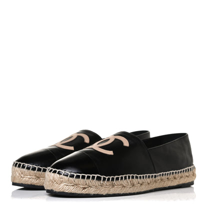 Chanel Lambskin Shiny Calfskin CC Espadrilles 40 Black Beige 3 of 13