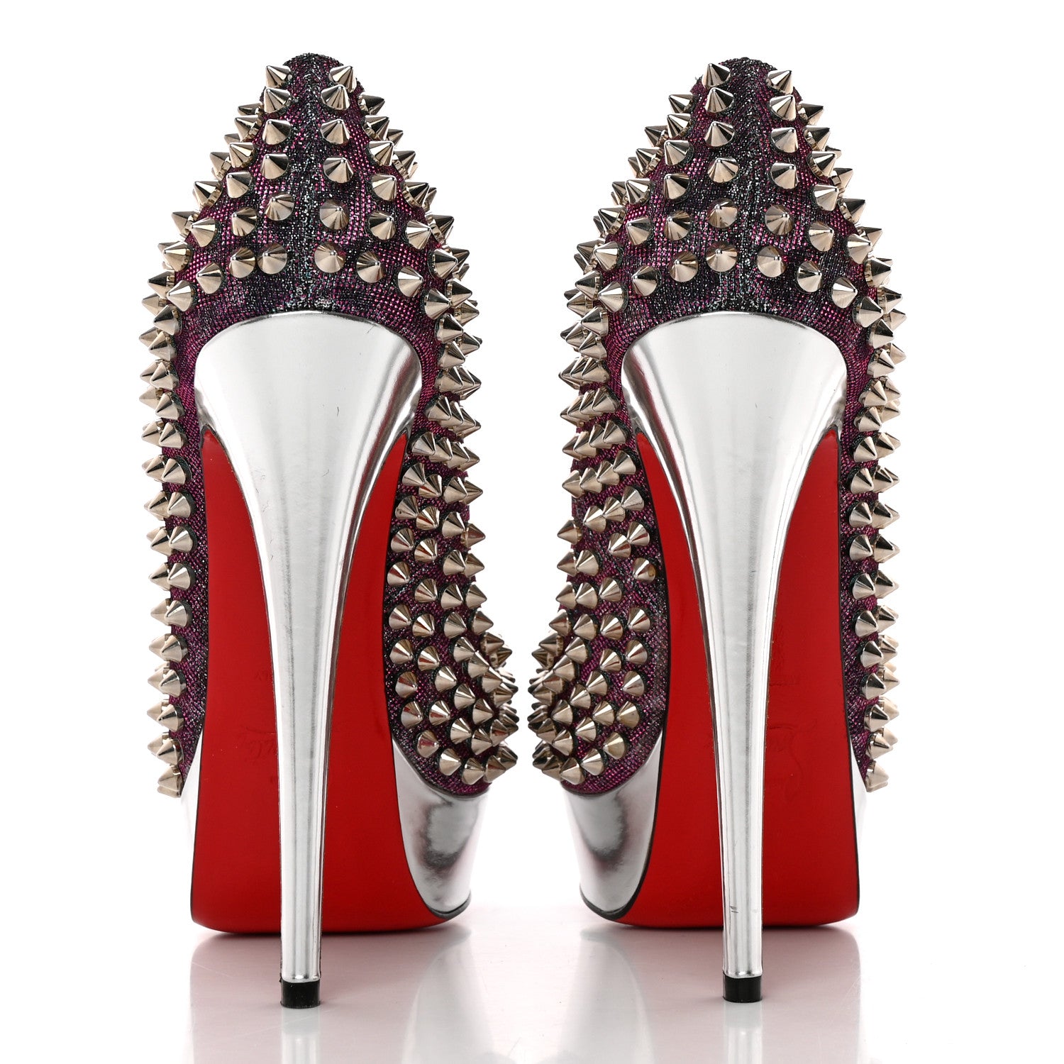 Christian Louboutin Lame Satin Lady Peep Spikes 150 Pumps 36 Turquoise Violet Silver 5 of 13
