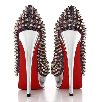 Christian Louboutin Lame Satin Lady Peep Spikes 150 Pumps 36 Turquoise Violet Silver 5 of 13