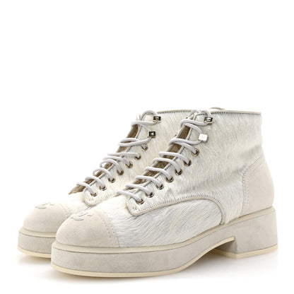 Chanel Suede Pony Hair Shearling Lace Up Combat Boots 40 White Black 4 of 10