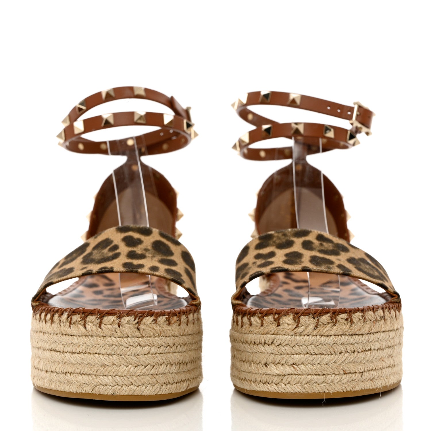 Valentino Garavani Canvas Leopard Print Rockstud Ankle Wrap Espadrille Flatform Sandals 41 Brown 2 of 15