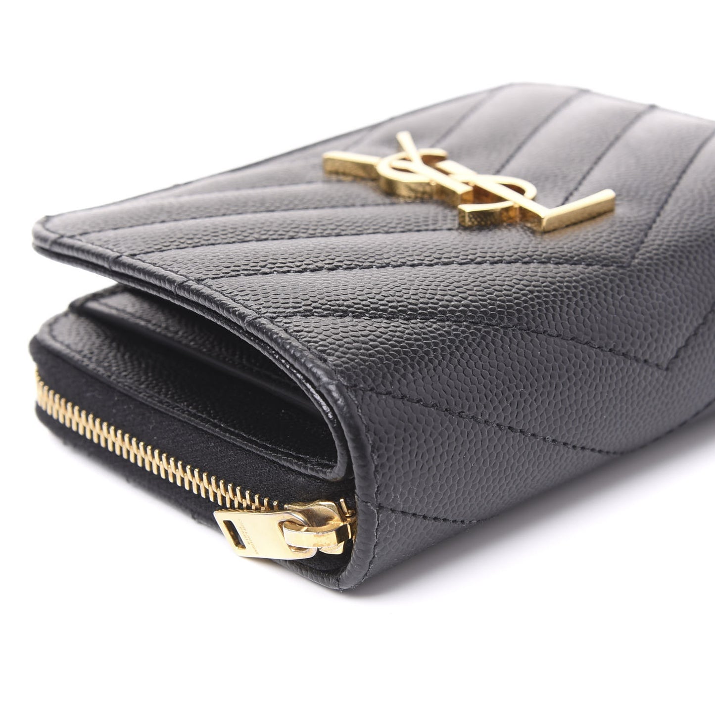Grain De Poudre Matelasse Chevron Monogram Compact Zip Around Wallet Black
