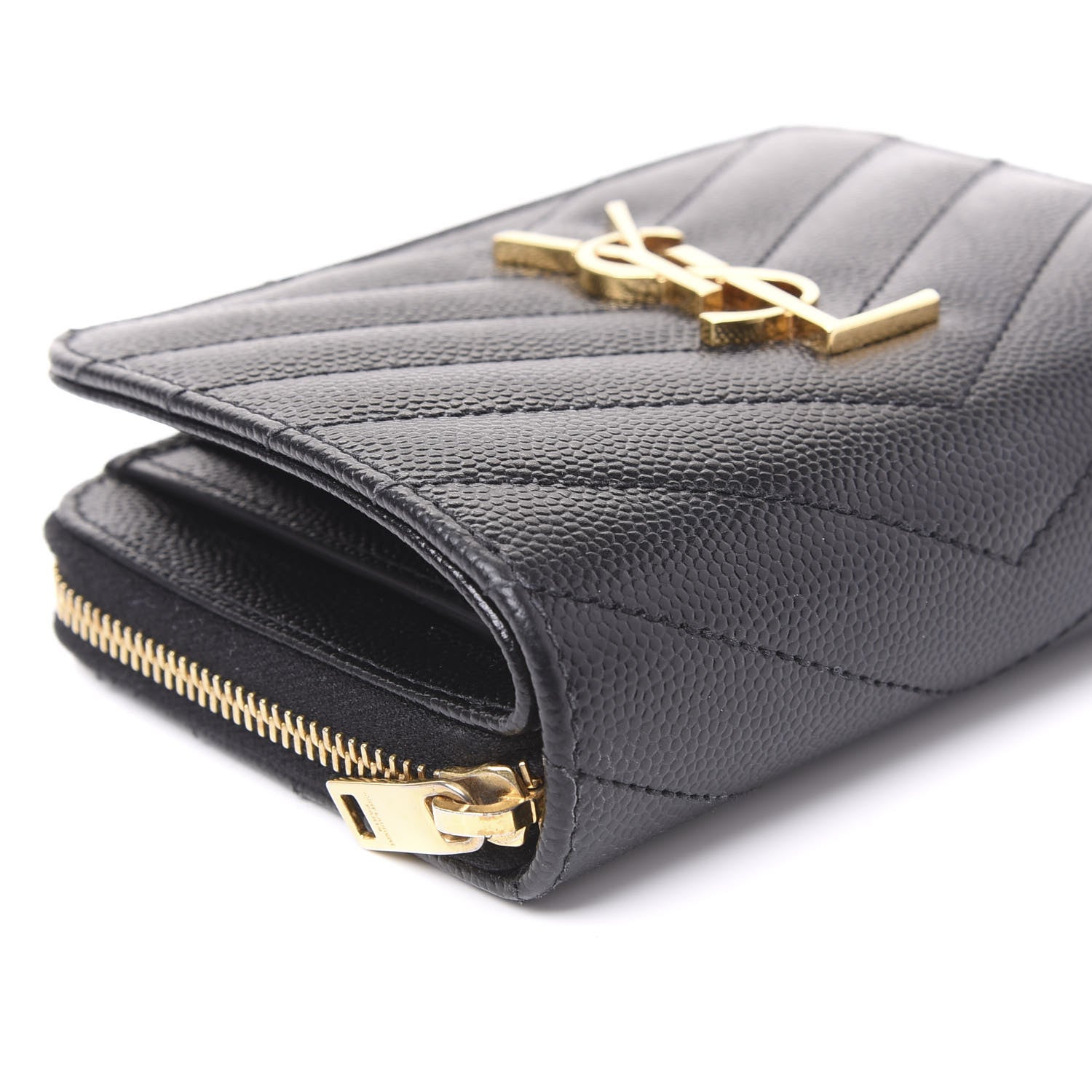 Saint Laurent Grain De Poudre Matelasse Chevron Monogram Compact Zip Around Wallet Black 6 of 11
